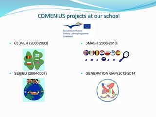 COMENIUS projects at our school
 CLOVER (2000-2003)
 SE@EU (2004-2007)
 SMASH (2008-2010)
 GENERATION GAP (2012-2014)
 