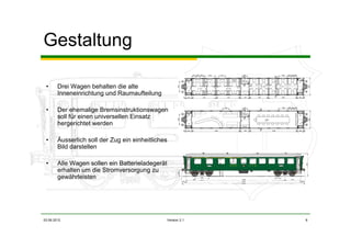 03.06.2012 Version 2.1 6
• Drei Wagen behalten die alte
Inneneinrichtung und Raumaufteilung
• Der ehemalige Bremsinstruktionswagen
soll für einen universellen Einsatz
hergerichtet werden
• Äusserlich soll der Zug ein einheitliches
Bild darstellen
• Alle Wagen sollen ein Batterieladegerät
erhalten um die Stromversorgung zu
gewährleisten
Gestaltung
 