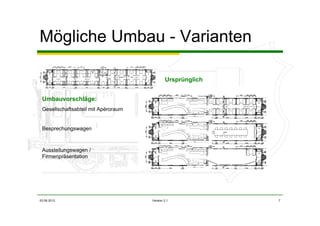 03.06.2012 Version 2.1 7
Mögliche Umbau - Varianten
Ursprünglich
Umbauvorschläge:
Gesellschaftsabteil mit Apéroraum
Besprechungswagen
Ausstellungswagen /
Firmenpräsentation
 