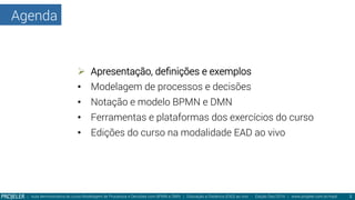 Agenda
Ø  Apresentação, deﬁnições e exemplos
•  Modelagem de processos e decisões
•  Notação e modelo BPMN e DMN
•  Ferramentas e plataformas dos exercícios do curso
•  Edições do curso na modalidade EAD ao vivo
| Aula demonstrativa do curso Modelagem de Processos e Decisões com BPMN e DMN | Educação a Distância (EAD) ao vivo - Edição Dez/2014 | www.projeler.com.br/mpd
 2
 