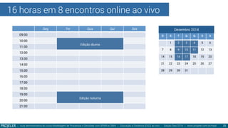 16 horas em 8 encontros online ao vivo
| Aula demonstrativa do curso Modelagem de Processos e Decisões com BPMN e DMN | Educação a Distância (EAD) ao vivo - Edição Dez/2014 | www.projeler.com.br/mpd
 25
Seg Ter Qua Qui Sex
09:00
10:00
Edição diurna
11:00
12:00
13:00
14:00
15:00
16:00
17:00
18:00
19:00
Edição noturna
20:00
21:00
D S T Q Q S S
1 2 3 4 5 6
7 8 9 10 11 12 13
14 15 16 17 18 19 20
21 22 23 24 25 26 27
28 29 30 31
Dezembro 2014
 