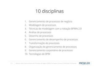 10 disciplinas
1.  Gerenciamento de processos de negócio
2.  Modelagem de processos
3.  Técnicas de modelagem com a notação BPMN 2.0
4.  Análise de processos
5.  Desenho de processos
6.  Gerenciamento de desempenho de processos
7.  Transformação de processos
8.  Organização do gerenciamento de processos
9.  Gerenciamento corporativo de processos
10.  Tecnologias de BPM

11

Webinar sobre Gerenciamento de Processos de Negócio (BPM): Formação, Carreira e Certiﬁcação Proﬁssional

 