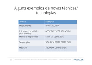 Alguns exemplos de novas técnicas/
tecnologias
Técnica
Mapeamento

BPMN 2.0, VSM

Estruturas de trabalho
(frameworks)

APQC PCF, SCOR, ITIL, eTOM

Melhoria de processo

Lean, Six Sigma, TQM

Tecnologias

SOA, BPA, BRMS, BPMS, BAM

Medição

27

Exemplos

ABC/ABM, Control chart

Webinar sobre Gerenciamento de Processos de Negócio (BPM): Formação, Carreira e Certiﬁcação Proﬁssional

 
