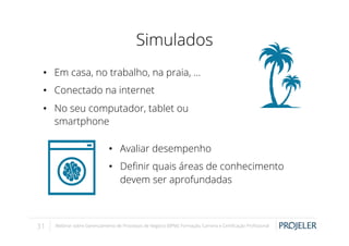 Simulados
•  Em casa, no trabalho, na praia, ...
•  Conectado na internet
•  No seu computador, tablet ou
smartphone
•  Avaliar desempenho
•  Deﬁnir quais áreas de conhecimento
devem ser aprofundadas

31

Webinar sobre Gerenciamento de Processos de Negócio (BPM): Formação, Carreira e Certiﬁcação Proﬁssional

 