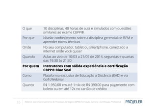 O que
Por que

Nivelar conhecimento sobre a disciplina gerencial de BPM e
aprender novas técnicas

Onde

No seu computador, tablet ou smartphone, conectado a
internet onde você quiser

Quando

Aulas ao vivo de 10/03 a 21/05 de 2014, segundas e quartas
das 19:30 às 21:30

Por quem

Instrutores com sólida experiência e certiﬁcação
CBPP® Blue Seal

Como

Plataforma exclusiva de Educação a Distância (EAD) e via
GoToWebinar

Quanto

35

10 disciplinas, 40 horas de aula e simulados com questões
similares ao exame CBPP®

R$ 1.950,00 em até 1+4x de R$ 390,00 para pagamento com
boleto ou em até 12x no cartão de crédito

Webinar sobre Gerenciamento de Processos de Negócio (BPM): Formação, Carreira e Certiﬁcação Proﬁssional

 