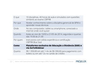 O que
Por que

Nivelar conhecimento sobre a disciplina gerencial de BPM e
aprender novas técnicas

Onde

No seu computador, tablet ou smartphone, conectado a
internet onde você quiser

Quando

Aulas ao vivo de 10/03 a 21/05 de 2014, segundas e quartas
das 19:30 às 21:30

Por quem

Instrutores com sólida experiência e certiﬁcação
CBPP® Blue Seal

Como

Plataforma exclusiva de Educação a Distância (EAD) e
via GoToWebinar

Quanto

37

10 disciplinas, 40 horas de aula e simulados com questões
similares ao exame CBPP®

R$ 1.950,00 em até 1+4x de R$ 390,00 para pagamento com
boleto ou em até 12x no cartão de crédito

Webinar sobre Gerenciamento de Processos de Negócio (BPM): Formação, Carreira e Certiﬁcação Proﬁssional

 