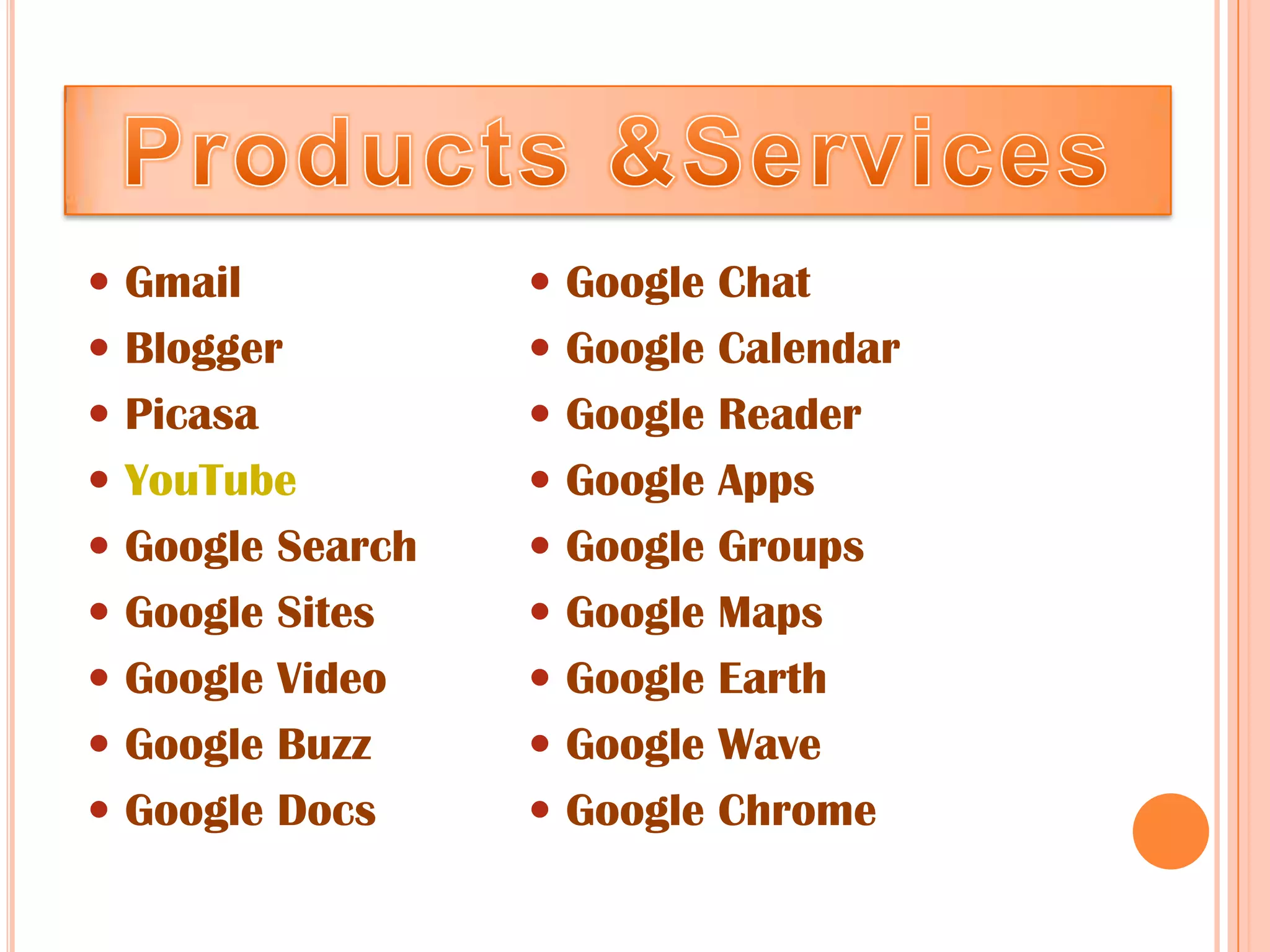  Gmail            Google Chat
 Blogger          Google Calendar
 Picasa           Google Reader
 YouTube          Google Apps
 Google Search    Google Groups
 Google Sites     Google Maps
 Google Video     Google Earth
 Google Buzz      Google Wave
 Google Docs      Google Chrome
 