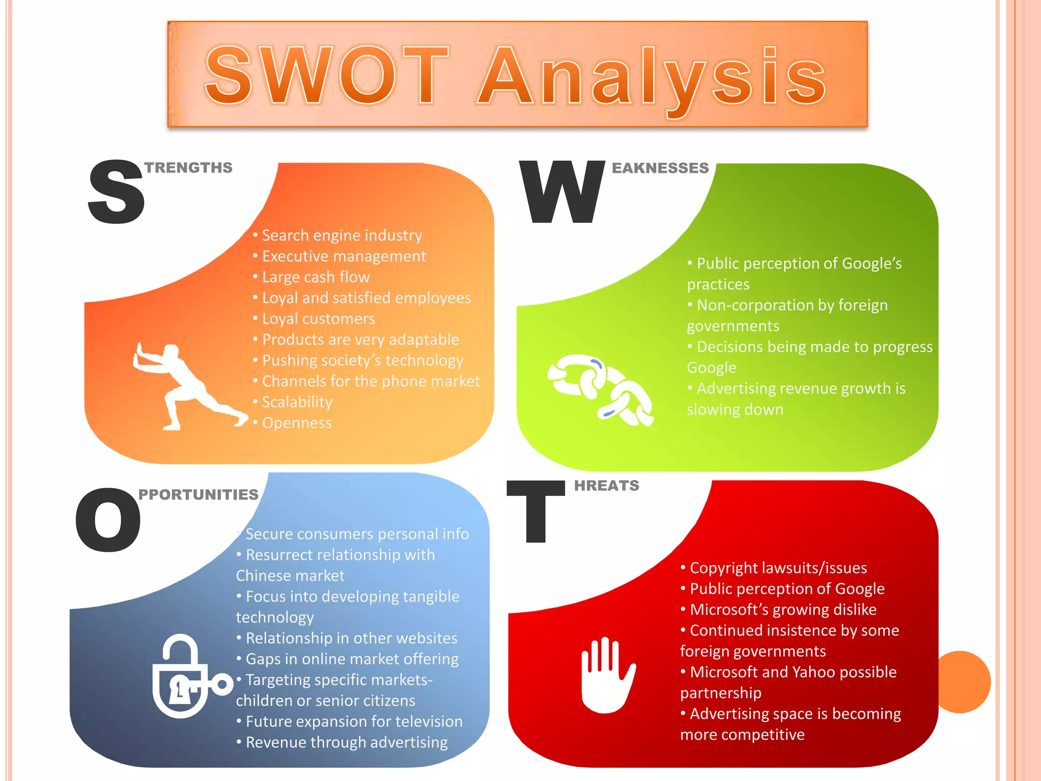 S                                              W
TRENGTHS                                              EAKNESSES



             • Search engine industry
             • Executive management                         • Public perception of Google’s
             • Large cash flow                              practices
             • Loyal and satisfied employees                • Non-corporation by foreign
             • Loyal customers                              governments
             • Products are very adaptable                  • Decisions being made to progress
             • Pushing society’s technology                 Google
             • Channels for the phone market                • Advertising revenue growth is
             • Scalability                                  slowing down
             • Openness




O                                              T
                                                   HREATS
PPORTUNITIES

           • Secure consumers personal info
           • Resurrect relationship with
           Chinese market                                   • Copyright lawsuits/issues
           • Focus into developing tangible                 • Public perception of Google
           technology                                       • Microsoft’s growing dislike
           • Relationship in other websites                 • Continued insistence by some
           • Gaps in online market offering                 foreign governments
           • Targeting specific markets-                    • Microsoft and Yahoo possible
           children or senior citizens                      partnership
           • Future expansion for television                • Advertising space is becoming
           • Revenue through advertising                    more competitive
 