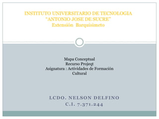 INSTITUTO UNIVERSITARIO DE TECNOLOGIA
“ANTONIO JOSE DE SUCRE”
Extensión Barquisimeto
Mapa Conceptual
Recurso Projeqt
Asignatura : Actividades de Formación
Cultural
LCDO. NELSON DELFINO
C.I. 7.371.244