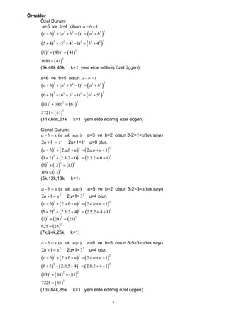 Örnekler
     Özel Durum:
      a=5 ve b=4 olsun a  b  1
       a  b            (a 2  b2  1)2   a 2  b2 
                     2                                         2



      5  4             (52  42  1) 2   52  42 
                     2                                        2



      9        (40) 2   41
            2                          2



      1681   41
                               2


      (9k,40k,41k                    k=1 yeni elde edilmiş özel üçgen)

      a=6 ve b=5 olsun a  b  1
       a  b            (a 2  b2  1)2   a 2  b2 
                     2                                         2



       6  5            (62  52  1) 2   62  52 
                     2                                        2



      11           (60) 2   61
                2                          2



      3721   61
                               2


      (11k,60k,61k                    k=1 yeni elde edilmiş özel üçgen)

      Genel Durum:
      a  b  x ( x tek sayı)                          a=3 ve b=2 olsun 3-2=1=x(tek sayı)
      2u  1  x               2
                                   2u+1= 1         2
                                                        u=0 olur.
       a  b    2.a.b  u    2.a.b  u  1
                     2                         2                    2



      3  22  2.3.2  02  2.3.2  0  12
      52  122  132
      169  13
                  2


      (5k,12k,13k                    k=1)

      a  b  x ( x tek sayı)                          a=5 ve b=2 olsun 5-2=3=x(tek sayı)
      2u  1  x 2                 2u+1= 3 2           u=4 olur.
       a  b    2.a.b  u    2.a.b  u  1
                     2                         2                    2



      5  22  2.5.2  42  2.5.2  4  12
      72  242  252
      625  25
                  2


      (7k,24k,25k                   k=1)

      a  b  x ( x tek sayı)                          a=8 ve b=5 olsun 8-5=3=x(tek sayı)
      2u  1  x           2
                                   2u+1= 3         2
                                                       u=4 olur.
       a  b    2.a.b  u    2.a.b  u  1
                     2                         2                    2



      8  5   2.8.5  4   2.8.5  4  1
               2               2                   2



      13  84  85
           2         2        2



      7225  85
                     2


      (13k,84k,85k                    k=1 yeni elde edilmiş özel üçgen)

                                                                        8
 