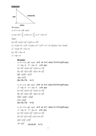 4.durum:




Ön koşul :
a  b  x ( x çift sayı)
                   x2           x2
u  (u  2)           2u  2   x 2  4.u  4
                   2            2
İspat :
 a  b    a.b  u          a.b  u  2 
          2               2                       2



a 2  2.a.b  b 2  a 2b 2  2.a.b.u  u 2  a 2b 2  u 2  4  2  a.b.u  2.u  2.a.b 
a 2  2.a.b  b 2  4.u  4
a  b        4.u  4
          2



x 2  4.u  4

          Örnekler
          a  b  x ( x çift sayı) a=5 ve b=3 olsun 5-3=2=x(çift sayı)
          x2  4u  4 2 2  4u  4 u=0 olur
           a  b    a.b  u    a.b  u  2
                   2             2                 2



              5  32  5.3  02  5.3  0  22
              82  152  172
              289  17 
                          2


          (8k,15k,17k             k=1)

          a  b  x ( x çift sayı) a=8 ve b=2 olsun 8-2=6=x(çift sayı)
              x2  4u  4      6 2  4u  4           u=8 olur
           a  b    a.b  u    a.b  u  2
                     2               2                    2



          8  22  8.2  82  8.2  8  22
          102  242  262
          676  26
                       2


          (5k,12k,13k             k=2)

              a  b  x ( x çift sayı) a=3 ve b=1 olsun 3-1=2=x(çift sayı)
              x2  4u  4      22  4u  4            u=0 olur
           a  b    a.b  u    a.b  u  2
                     2               2                    2



           3  1   3.1  0  3.1  0  2 
                  2              2               2



           4    3   5 
               2       2       2



          25   5
                     2
                           (3k,4k,5k k=1)
                                                                 9
 