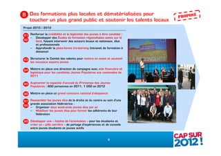 B Des formations plus locales et dématérialisées pour                       PRoPoS
                                                                                   é
  toucher un plus grand public et soutenir les talents locaux
Projet 2010 / 2012

 ▪
B1 Renforcer la crédibilité et la légitimité des jeunes à être candidat :
   – Développer des Écoles de formation régionalisées axées sur le
B2    fond, faisant intervenir des acteurs locaux et nationaux, élus
      et professionnels
   – Approfondir la plate-forme d’e-learning (intranet de formation à
      distance)

 ▪
B3 Structurer le Comité des talents pour mettre en avant et soutenir
   les nouveaux espoirs jeunes

 ▪
B4 Mettre en place une direction de campagne avec aide financière et
   logistique pour les candidats Jeunes Populaires aux cantonales de
   2011

 ▪
B5 Augmenter la capacité d’accueil du Printemps des Jeunes
   Populaires : 800 personnes en 2011, 1 000 en 2012

 ▪
B6 Mettre en place un grand concours national d’éloquence

 ▪
B7 Rassembler les jeunes élus de la droite et du centre au sein d'une
   grande association fédératrice :
B8
   – Organiser deux week-ends jeunes élus par an
   – Mobiliser les jeunes élus pour former les adhérents de leur
       fédération

 ▪
B9 Développer une « hotline de l’orientation » pour les étudiants et
   créer un « pôle carrière » de partage d’expériences et de conseils
   entre jeunes étudiants et jeunes actifs


                                                             8
 