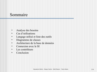 2/10 Sommaire Analyse des besoins Cas d’utilisations Langage utilisé et liste des outils   Diagramme de classes Architecture de la base de données Connexion avec le SI Les contrôleurs Conclusion Gausseran Adrien  –  Rezgui Yacine - Siddi Steven - Tutino Alexis 