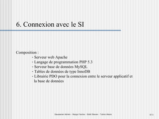 8/11 6. Connexion avec le SI Gausseran Adrien  –  Rezgui Yacine - Siddi Steven - Tutino Alexis Composition : Serveur web Apache Langage de programmation PHP 5.3 Serveur base de données MySQL Tables de données de type InnoDB Librairie PDO pour la connexion entre le serveur applicatif et  la base de données 
