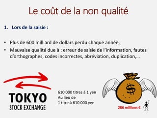 Le coût de la non qualité
1. Lors de la saisie :
• Plus de 600 milliard de dollars perdu chaque année,
• Mauvaise qualité due à : erreur de saisie de l’information, fautes
d’orthographes, codes incorrectes, abréviation, duplication,…
7
610 000 titres à 1 yen
Au lieu de
1 titre à 610 000 yen
286 millions €
 