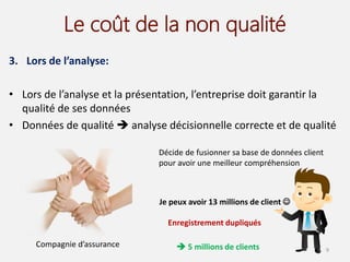 Le coût de la non qualité
3. Lors de l’analyse:
• Lors de l’analyse et la présentation, l’entreprise doit garantir la
qualité de ses données
• Données de qualité  analyse décisionnelle correcte et de qualité
9
Compagnie d’assurance
Décide de fusionner sa base de données client
pour avoir une meilleur compréhension
Je peux avoir 13 millions de client 
 5 millions de clients
Enregistrement dupliqués
 