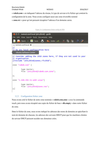 Boumaiza Rabeb
Chebbah Rihab M2SSICE 2016/2017
« rabeb.com » en indiquant l’adresse du réseau, le type de serveur et le fichier qui contient la
configuration de la zone. Nous avons configuré aussi une zone réversible nommé
« zone.rev » pour qu’ont puissent récupérer l’adresse d’un domaine saisie.
Figure 14- Configuration fichier config du DNS
3.2.3 Configuration fichier zone
Nous avons créé le fichier de notre zone nommée « rabeb.com.zone » avec la commande
touch, puis nous avons récupéré une copie du fichier de base « db.empty » dans notre fichier
de zone.
Dans le fichier de zone, nous avons indiqué les adresses des noms de domaine en spécifiant le
nom de domaine de chacune, les adresses des serveurs DHCP pour que les machines clientes
du serveur DHCP puissent accéder aux domaines crées.
 