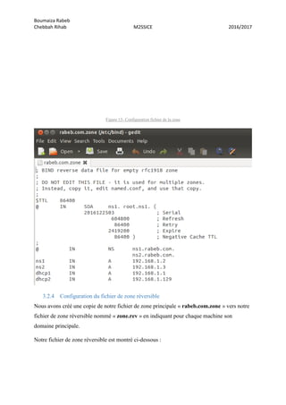 Boumaiza Rabeb
Chebbah Rihab M2SSICE 2016/2017
Figure 15- Configuration fichier de la zone
3.2.4 Configuration du fichier de zone réversible
Nous avons créé une copie de notre fichier de zone principale « rabeb.com.zone » vers notre
fichier de zone réversible nommé « zone.rev » en indiquant pour chaque machine son
domaine principale.
Notre fichier de zone réversible est montré ci-dessous :
 