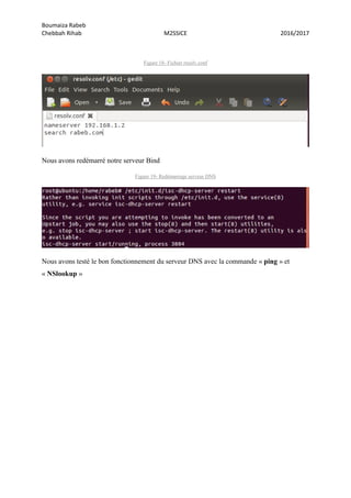 Boumaiza Rabeb
Chebbah Rihab M2SSICE 2016/2017
Figure 18- Fichier resolv.conf
Nous avons redémarré notre serveur Bind
Figure 19- Redémarrage serveur DNS
Nous avons testé le bon fonctionnement du serveur DNS avec la commande « ping » et
« NSlookup »
 