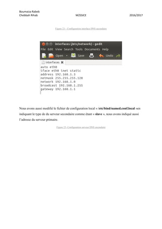 Boumaiza Rabeb
Chebbah Rihab M2SSICE 2016/2017
Figure 23 – Configuration interface DNS secondaire
Nous avons aussi modifié le fichier de configuration local « /etc/bind/named.conf.local »en
indiquant le type de du serveur secondaire comme étant « slave », nous avons indiqué aussi
l’adresse du serveur primaire.
Figure 23- Configuration serveur DNS secondaire
 