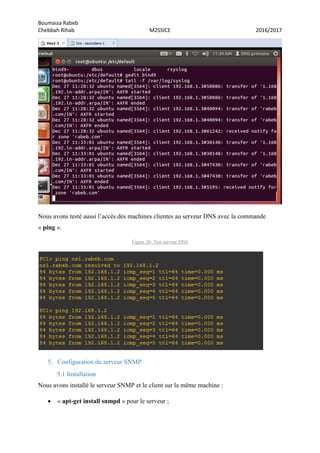Boumaiza Rabeb
Chebbah Rihab M2SSICE 2016/2017
Nous avons testé aussi l’accès des machines clientes au serveur DNS avec la commande
« ping ».
Figure 26- Test serveur DNS
5. Configuration du serveur SNMP
5.1 Installation
Nous avons installé le serveur SNMP et le client sur la même machine :
 « apt-get install snmpd » pour le serveur ;
 