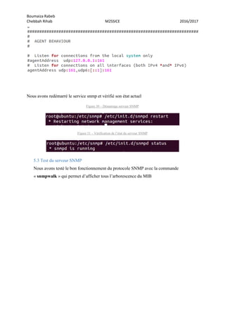 Boumaiza Rabeb
Chebbah Rihab M2SSICE 2016/2017
Nous avons redémarré le service snmp et vérifié son état actuel
Figure 30 – Démarrage serveur SNMP
Figure 31 – Vérification de l’état du serveur SNMP
5.3 Test du serveur SNMP
Nous avons testé le bon fonctionnement du protocole SNMP avec la commande
« snmpwalk » qui permet d’afficher tous l’arborescence du MIB
 