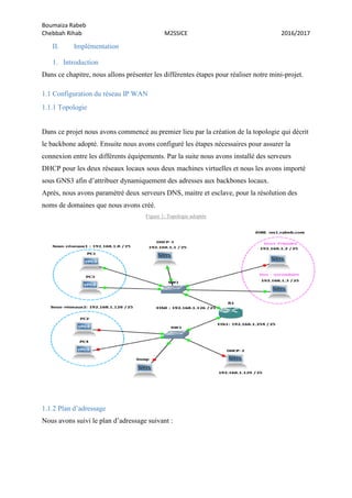 Boumaiza Rabeb
Chebbah Rihab M2SSICE 2016/2017
II. Implémentation
1. Introduction
Dans ce chapitre, nous allons présenter les différentes étapes pour réaliser notre mini-projet.
1.1 Configuration du réseau IP WAN
1.1.1 Topologie
Dans ce projet nous avons commencé au premier lieu par la création de la topologie qui décrit
le backbone adopté. Ensuite nous avons configuré les étapes nécessaires pour assurer la
connexion entre les différents équipements. Par la suite nous avons installé des serveurs
DHCP pour les deux réseaux locaux sous deux machines virtuelles et nous les avons importé
sous GNS3 afin d’attribuer dynamiquement des adresses aux backbones locaux.
Après, nous avons paramétré deux serveurs DNS, maitre et esclave, pour la résolution des
noms de domaines que nous avons créé.
Figure 1: Topologie adoptée
1.1.2 Plan d’adressage
Nous avons suivi le plan d’adressage suivant :
 