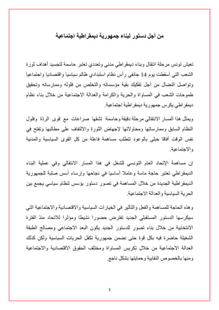 ‫ين أجم دصتىر نبنبء جًهىريت ديًمزاطيت اجتًبعيت‬



‫ضو١ش ضٛٔظ ِشقٍس جٔطمحي ٚذٕحء د٠ّمشجؿٟ ِذٟٔ ٚضوذدٞ ضوطرش قحعّس ٌطؿغ١ذ أ٘ذجف غٛسز‬
‫جٌشود جٌطٟ أعمـص ٠َٛ 19 ؾحٔفٟ سأط ٔلحَ جعطرذجدٞ كحٌُ ع١حع١ح ٚجلطظحد٠ح ٚجؾطّحه١ح‬
‫ٚضٛجطً جٌٕؼحي ِٓ أ ؾً ضفى١ه ذم١س ِإعغحضٗ ٚجٌطخٍض ِٓ فٌٍٛٗ ِّٚحسعحضٗ ٚضكم١ك‬
‫ؿّٛقحش جٌشود فٟ جٌّغحٚجز ٚجٌكش٠س ٚجٌىشجِس ٚجٌوذجٌس جالؾطّحه١س ِٓ خالي ذٕحء ٔلحَ‬
                                        ‫د٠ّمشجؿٟ ٠ىشط ؾّٙٛس٠س د٠ّمشجؿ١س جؾطّحه١س.‬

‫ٚ٠ّػً ٘زج جٌّغحس جالٔطمحٌٟ ِشقٍس دل١مس ٚقحعّس ضشمٙح طشجهحش ِن لٜٛ جٌش ّز ٚفٍٛي‬
       ‫د‬
‫جٌٕلحَ جٌغحذك ِّٚحسعحضٙح ِٚكحٚالضٙح إلؾٙحع جٌػٛسز ٚجالٌطفحف هٍٝ ِـحٌرٙح ٚضفطف فٟ‬
‫ٔفظ جٌٛلص آفحلح قرٍٝ ذحٌٛهٛد ضطـٍد ِغحّ٘س فحهٍس ِٓ وً جٌمٜٛ جٌغ١حع١س ٚجٌّذٔ١س‬
                                                                          ‫ٚجالؾطّحه١س.‬

‫ئْ ِغحّ٘س جإلضكحد جٌوحَ جٌطٛٔغٟ ٌٍشغً فٟ ٘زج جٌّغحس جالٔطمحٌٟ ٚفٟ هٍّ١س جٌرٕحء‬
‫جٌذ٠ّمشجؿٟ ضوطرش قحؾس ِحعس ٚهحِال أعحع١ح فٟ ٔؿحقٙح ٚئسعحء أعظ طٍرس ٌٍؿّٙٛس٠س‬
‫جٌ ذ٠ّمشجؿ١س جٌؿذ٠ذز ِٓ خالي جٌّغحّ٘س فٟ ضظٛس دعطٛس ٠إعظ ٌٕلحَ ع١حعٟ ٠ؿّن ذ١ٓ‬
                                                   ‫جٌكش٠س جٌغ١حع١س ٚجٌوذجٌس جالؾطّحه١س.‬

‫ٚ٘زٖ جٌكحؾس ٌٍّغحّ٘س ٚجٌفوً ٚجٌطأغ١ش فٟ جٌخ١حسجش جٌغ١حع١س ٚجاللطظحد٠س ٚجالؾطّحه١س جٌطٟ‬
‫ع١ىشعٙح جٌذعطٛس جٌّغطمرٍٟ جٌؿذ٠ذ ضفطشع قؼٛسج ٔش١ـح ِٚإغشج ٌالضكحد ِٕز جٌفطشز‬
‫جالٔطخحذ١س ِٓ خالي ذٕحء ضظٛس ٌٍذعطٛس جٌؿذ٠ذ ٠ىْٛ جٌروذ جالؾطّحهٟ ِٚظحٌف جٌـرمس‬
‫جٌشغ١ٍس قحػشز ف١ٗ ذىً لٛز قطٝ ٔؼّٓ ؾّٙٛس٠س ضىفً جٌكش٠حش جٌغ١حع١س ٌٚىٓ وزٌه‬
‫جٌوذجٌس جالؾطّحه١س ِٓ خالي ضىش٠ظ جٌّغحٚجز ِٚخطٍف جٌكمٛق جاللطظحد٠س ٚجالؾطّحه١س‬
                                         ‫ِٕٚٙح ذحٌخظٛص جٌٕمحذ١س ٚقّح٠طٙح ذشىً ٔحؾن.‬




                                          ‫3‬
 