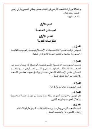 ‫ٚجٔـاللح ِٓ ئسجدز جٌشود جٌطٛٔغٟ فٟ جٔطخحخ ِؿٍظ ٚؿٕٟ ضأع١غٟ ٠طّٛٝ ٚػن‬
     ‫ٌ‬
                                               ‫دعطٛس ؾذ٠ذ ٌٍرالد،‬
                                                     ‫ٔؼن دعطٛسٔح‬

                                                 ‫انببة األول‬
                                          ‫انًبــــبدئ انعــبيــت‬
                                             ‫انمضى األول:‬
                                            ‫يمـىيــبث انذونـت‬
                                                                                                          ‫انفصم 1:‬
‫ضننننننننٛٔظ دٌٚننننننننس قنننننننن ّز رجش عنننننننن١حدز ، جإلعننننننننالَ د٠ٕٙننننننننح ٚجٌوشذ١ننننننننس ٌغطٙننننننننح‬
                                                                                  ‫ش‬
                                        ‫ٚجٌؿّٙٛس٠س ٔلحِٙح، ٚجٌطٕل١ُ جٌّٛقذ جٌالِشوضٞ شىٍٙح.‬

                                                                                                   ‫انفصم 2:‬
‫ضوّنننننننً جٌؿّٙٛس٠نننننننس جٌطٛٔغننننننن١س هٍنننننننٝ ضكم١نننننننك جٌٛقنننننننذز جٌوشذ١نننننننس ٚضونننننننشع‬
‫جٌّوح٘ننننننننذجش رجش جٌـنننننننننحذن جإلٔنننننننننذِحؾٟ ٚ جٌطننننننننٟ ضطونننننننننحسع ِنننننننننن أقىنننننننننحَ‬
‫جٌذعنننننطٛس هٍنننننٝ جإلعنننننطفطحء جٌشنننننورٟ ذونننننذ أْ ٠ٛجفنننننك هٍ١ٙنننننح ِؿٍنننننظ جٌشنننننود‬
                                                                  ‫ٚفك ٔفظ ئؾشجءجش ضوذ٠ً جٌذعطٛس.‬

                                                                                        ‫انفصم 3:‬
                                                                 ‫شوحس جٌؿّٙٛس٠س هذجٌس قش٠س وشجِس.‬
                                                                ‫انفصم 4 :‬
‫هٍُ جٌؿّٙٛس٠س جٌطٛٔغ١س أقّش ضطٛعـٗ دجتشز ذ١ؼحء ذٙح ٔؿُ رٚ خّغس أشوس ٠ك١ؾ‬
                                        ‫ذٙح ٘الي أقّش قغرّح ٠رّٕٗ جٌمحْٔٛ.‬
                                                   ‫١‬
                                                                      ‫انفصم5:‬
          ‫جٌغ١حدز ٌٍشود جٌطٛٔغٟ ٠ّحسعٙح ذٛجعـس جالٔطخحذحش جٌذ٠ّمشجؿ١س ٚجالعطفطحء‬
                                            ‫ٚجٌوضي جٌشورٟ ٚفك ِح ٠ؼرـٗ جٌذعطٛس.‬


                                                          ‫8‬
 