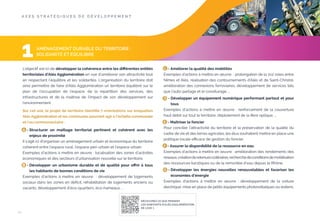 A X E S S T R AT É G I Q U E S D E D É V E LO P P E M E N T

1

AMÉNAGEMENT DURABLE DU TERRITOIRE :
SOLIDARITÉ ET ÉQUILIBRE

L’objectif est ici de développer la cohérence entre les diﬀérentes entités
territoriales d’Alès Agglomération en vue d’améliorer son attractivité tout
en respectant l’équilibre et les solidarités. L’organisation du territoire doit
ainsi permettre de faire d’Alès Agglomération un territoire équilibré sur le
plan de l’occupation de l’espace, de la répartition des services, des
infrastructures et de la maîtrise de l’impact de son développement sur
l’environnement.
Sur cet axe, le projet de territoire identiﬁe 7 orientations sur lesquelles
Alès Agglomération et les communes pourront agir à l’échelle communale
et/ou communautaire :
A - Structurer un maillage territorial pertinent et cohérent avec les
enjeux de proximité
Il s’agit ici d’organiser un aménagement urbain et économique du territoire
cohérent entre l’espace rural, l’espace péri-urbain et l’espace urbain.
Exemples d’actions à mettre en œuvre : localisation des zones d’activités
économiques et des secteurs d’urbanisation nouvelle sur le territoire.
B - Développer un urbanisme durable et de qualité pour oﬀrir à tous
les habitants de bonnes conditions de vie
Exemples d’actions à mettre en œuvre : développement de logements
sociaux dans les zones en déﬁcit, réhabilitation de logements anciens ou
vacants, développement d’éco-quartiers, éco-hameaux, ...

C - Améliorer la qualité des mobilités
Exemples d’actions à mettre en œuvre : prolongation de la 2x2 voies entre
Nîmes et Alès, réalisation des contournements d’Alès et de Saint-Christol,
amélioration des connexions ferroviaires, développement de services tels
que l’auto-partage et le covoiturage, ...
D - Développer un équipement numérique performant partout et pour
tous
Exemples d’actions à mettre en œuvre : renforcement de la couverture
haut débit sur tout le territoire, déploiement de la ﬁbre optique, ...
E - Maîtriser le foncier
Pour concilier l’attractivité du territoire et la préservation de la qualité du
cadre de vie et des terres agricoles, les élus souhaitent mettre en place une
politique locale eﬃcace de gestion du foncier.
F - Assurer la disponibilité de la ressource en eau
Exemples d’actions à mettre en œuvre : amélioration des rendements des
réseaux, création de retenues collinaires, recherche de conditions de mobilisation
des ressources karstiques ou de la remontée d’eau depuis le Rhône.
G - Développer les énergies nouvelles renouvelables et favoriser les
économies d’énergie
Exemples d’actions à mettre en œuvre : développement de la voiture
électrique, mise en place de petits équipements photovoltaïques ou éoliens.

DÉCOUVREZ CE QUE PENSENT
LES HABITANTS D’ALÈS AGGLOMÉRATION
DE L’AXE 1

20

 