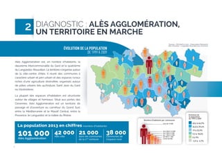 2

DIAGNOSTIC : ALÈS AGGLOMÉRATION,
UN TERRITOIRE EN MARCHE
Sources : IGN GéoFLA 2012 - Observatoire Partenarial
Alès-Cévennes - Languedoc Roussillon par commune

ÉVOLUTION DE LA POPULATION
DE 1999 À 2009
Alès Agglomération est, en nombre d’habitants, la
deuxième intercommunalité du Gard et la quatrième
du Languedoc-Roussillon. Le territoire s’organise autour
de la ville-centre d’Alès. Il réunit des communes à
caractère urbain et péri-urbain et des espaces ruraux
riches d’une agriculture diversiﬁée, organisés autour
de pôles urbains tels qu’Anduze, Saint Jean du Gard
ou Vézénobres.
La plupart des espaces d’habitation est structurée
autour de villages et hameaux. Situé aux portes des
Cévennes, Alès Agglomération est un territoire de
passage et d’ouverture au carrefour du Grand Sud,
entre la Méditerranée et le Massif Central, entre la
Provence, le Languedoc et la Vallée du Rhône.
Population en 2009

Nombre d’habitants par communes
> 40 000 hab.

La population 2013 en chiffres (nombre d’habitants)

101 000
Alès Agglomération

42 000 21 000
Alès ville

dans les communes
de la 1ère ceinture

38 000
communes de
l’espace rural

> 13 000 hab.

plus de 10 000

Evolution de
la population
Evolution de
la population de 1999 à 2009
de 1999 à 2009

40,6 à 66,9%

de 9 000 à 13 000 hab.

26,8 à 39,4%

de 6 000 à 9 000 hab.

19 à 23,9%

de 3 000 à 6 000 hab. de 5 000 à 10 000
de 2 000 à 5 000
< 3 000 hab.
de 1 000 à 2 000
de 500 à 1 000
moins de 500

8
Sources : IGN GéoFLA 2012 - Observatoire Partenarial Alès-Cévennes - Languedoc Roussillon par commune

Sources : IGN GéoFLA 2012 - Observatoire Partenarial Alès-Cévennes - Languedoc Roussillon par commune

9,2 à 18,6%

40,6 à 66,9%
26,8 à 39,4%
19 à 23,9%
9,2 à 18,6%

0 à 9%

0 à 9%

-3,9 à -2,7%

-3,9 à -2,7%

 