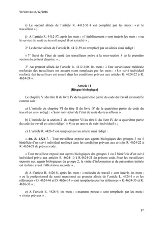 Version du 14/12/2016
17
i) Le second alinéa de l’article R. 4412-51-1 est complété par les mots : « et le
travailleur » ;
j) A l’article R. 4412-57, après les mots : « l’établissement » sont insérés les mots : « ou
le service de santé au travail auquel il est rattaché » ;
2° Le dernier alinéa de l’article R. 4412-59 est remplacé par un alinéa ainsi rédigé :
« 7° Suivi de l’état de santé des travailleurs prévu à la sous-section 8 de la première
section du présent chapitre. » ;
3° Au premier alinéa de l’article R. 4412-160, les mots : « Une surveillance médicale
renforcée des travailleurs est assurée »sont remplacés par les mots : « Un suivi individuel
renforcé des travailleurs est assuré dans les conditions prévues aux articles R. 4624-22 à R.
4624-28 ».
Article 11
[Risque biologique]
Le chapitre VI du titre II du livre IV de la quatrième partie du code du travail est modifié
comme suit :
a) L’intitulé du chapitre VI du titre II du livre IV de la quatrième partie du code du
travail est ainsi rédigé : « Suivi individuel de l’état de santé des travailleurs » ;
b) L’intitulé de la section 2 du chapitre VI du titre II du livre IV de la quatrième partie
du code du travail est ainsi rédigé : « Mise en œuvre du suivi individuel » ;
c) L’article R. 4426-7 est remplacé par un article ainsi rédigé :
« Art. R. 4426-7. - Tout travailleur exposé aux agents biologiques des groupes 3 ou 4
bénéficie d’un suivi individuel renforcé dans les conditions prévues aux articles R. 4624-22 à
R. 4624-28 du présent code.
« Tout travailleur exposé aux agents biologiques des groupes 1 ou 2 bénéficie d’un suivi
individuel prévu aux articles R. 4624-10 à R.4624-21 du présent code. Pour les travailleurs
exposés aux agents biologiques du groupe 2, la visite d’information et de prévention initiale
est réalisée avant l’affectation au poste » ;
d) A l’article R. 4426-8, après les mots : « médecin du travail » sont insérés les mots :
« ou le professionnel de santé mentionné au premier alinéa de l’article L. 4624-1 » et les
références « D. 4624-46 et D. 4626-33 » sont remplacées par les références « R. 4624-55 et R.
4626-33 » ;
e) A l’article R. 4426-9, les mots : « examens prévus » sont remplacés par les mots :
« visites prévues » ;
 