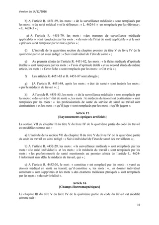 Version du 14/12/2016
19
b) A l’article R. 4451-69, les mots : « de la surveillance médicale » sont remplacés par
les mots : « du suivi médical » et la référence : « L. 4624-1 » est remplacée par la référence :
« L. 4624-3 » ;
c) A l’article R. 4451-79, les mots : « des mesures de surveillance médicale
applicables » sont remplacés par les mots : « du suivi de l’état de santé applicable » et le mot
« prévues » est remplacé par le mot « prévu » ;
d) L’intitulé de la quatrième section du chapitre premier du titre V du livre IV de la
quatrième partie est ainsi rédigé : « Suivi individuel de l’état de santé » ;
e) Au premier alinéa de l’article R. 4451-82, les mots : « la fiche médicale d’aptitude
établie » sont remplacés par les mots : « l’avis d’aptitude établi » et au second alinéa du même
article, les mots : « Cette fiche » sont remplacés par les mots : « Cet avis » ;
f) Les articles R. 4451-83 et R. 4451-87 sont abrogés ;
g) [A l’article R. 4451-84, après les mots : « état de santé » sont insérés les mots :
« par le médecin du travail » ; ]
h) A l’article R. 4451-85, les mots : « de la surveillance médicale » sont remplacés par
les mots : « du suivi de l’état de santé », les mots : le médecin du travail est destinataire » sont
remplacés par les mots : « les professionnels de santé du service de santé au travail sont
destinataires » et les mots : « qu’il juge » sont remplacés par les mots : «qu’ils jugent ».
Article 15
[Rayonnements optiques artificiels]
La section VII du chapitre II du titre V du livre IV de la quatrième partie du code du travail
est modifiée comme suit :
a) L’intitulé de la section VII du chapitre II du titre V du livre IV de la quatrième partie
du code du travail est ainsi rédigé : « Suivi individuel de l’état de santé des travailleurs » ;
b) A l’article R. 4452-29, les mots : « la surveillance médicale » sont remplacés par les
mots : « le suivi individuel » et les mots : « le médecin du travail » sont remplacés par les
mots : « les professionnels de santé mentionnés au premier alinéa de l’article L. 4624-
1 informent sans délai le médecin du travail, qui » ;
c) A l’article R. 4452-30, le mot : « constitue » est remplacé par les mots : « versé au
dossier médical en santé au travail, qu’il constitue », les mots : « , un dossier individuel
contenant » sont supprimés et les mots :« des examens médicaux pratiqués » sont remplacés
par les mots : « du suivi réalisé ».
Article 16
[Champs électromagnétiques]
Le chapitre III du titre V du livre IV de la quatrième partie du code du travail est modifié
comme suit :
 