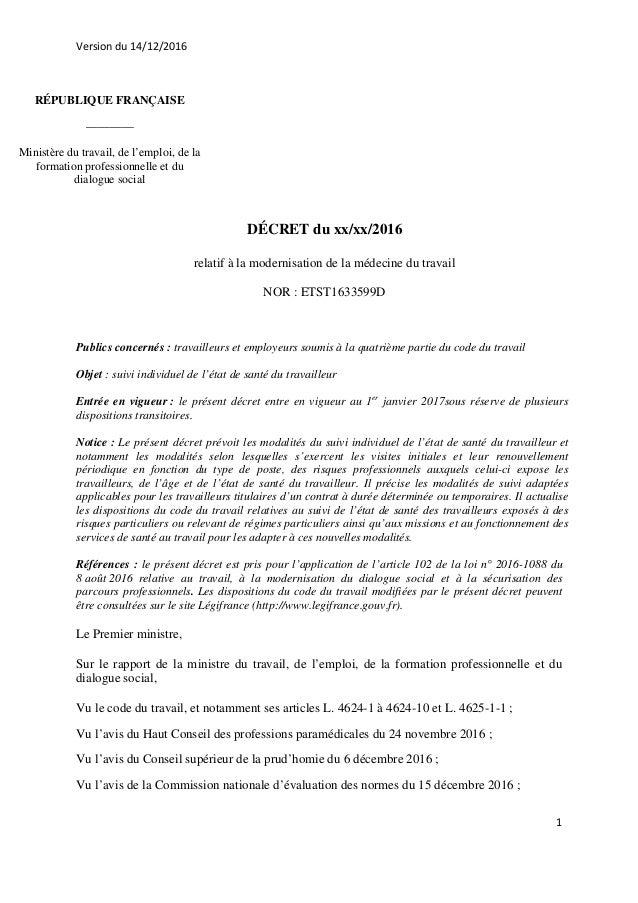 Projet Decret Medecine Travail Loi Travail