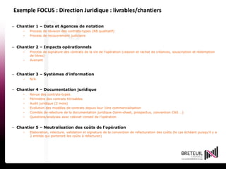 31
Exemple FOCUS : Direction Juridique : livrables/chantiers
31 15 avril 2014
– Chantier 1 – Data et Agences de notation
- Process de révision des contrats-types (RB qualitatif)
- Process de recouvrement judiciaire
– Chantier 2 – Impacts opérationnels
- Process de signature des contrats de la vie de l’opération (cession et rachat de créances, souscription et rédemption
de titres)
- Avenant
– Chantier 3 – Systèmes d’information
- N/A
– Chantier 4 – Documentation juridique
- Revue des contrats-types
- Périmètre des contrats titrisables
- Audit juridique (2 mois)
- Evolution des modèles de contrats depuis leur 1ère commercialisation
- Comités de relecture de la documentation juridique (term-sheet, prospectus, convention CAS …)
- Questions/analyses avec cabinet conseil de l’opération
– Chantier 5 – Neutralisation des coûts de l’opération
- Elaboration, relecture, validation et signature de la convention de refacturation des coûts (le cas échéant puisqu’il y a
2 entités qui porteront les coûts à refacturer)
 