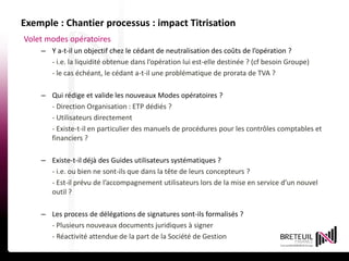 15 avril 201434
Exemple : Chantier processus : impact Titrisation
Volet modes opératoires
– Y a-t-il un objectif chez le cédant de neutralisation des coûts de l’opération ?
- i.e. la liquidité obtenue dans l’opération lui est-elle destinée ? (cf besoin Groupe)
- le cas échéant, le cédant a-t-il une problématique de prorata de TVA ?
– Qui rédige et valide les nouveaux Modes opératoires ?
- Direction Organisation : ETP dédiés ?
- Utilisateurs directement
- Existe-t-il en particulier des manuels de procédures pour les contrôles comptables et
financiers ?
– Existe-t-il déjà des Guides utilisateurs systématiques ?
- i.e. ou bien ne sont-ils que dans la tête de leurs concepteurs ?
- Est-il prévu de l’accompagnement utilisateurs lors de la mise en service d’un nouvel
outil ?
– Les process de délégations de signatures sont-ils formalisés ?
- Plusieurs nouveaux documents juridiques à signer
- Réactivité attendue de la part de la Société de Gestion15 avril 201434
 