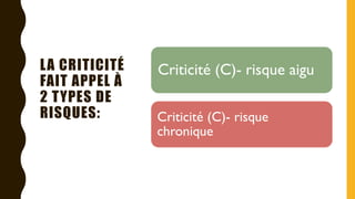 LA CRITICITÉ
FAIT APPEL À
2 TYPES DE
RISQUES:
Criticité (C)- risque aigu
Criticité (C)- risque
chronique
 