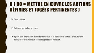 D ( DO = METTRE EN ŒUVRE LES ACTIONS
DÉFINIES ET JUGÉES PERTINENTES )
➢Faire, réaliser.
➢Exécuter les tâches prévues.
➢Il peut être intéressant de limiter l'ampleur et la portée des tâches à exécuter afin
de disposer d'un meilleur contrôle (processus répétitif).
 