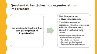 Quadrant 4: Les tâches non urgentes et non
importantes
Les activités du Quadrant 4 ne
sont pas urgentes ni
importantes.
Elles font partie des
« divertissements ».
Ces tâches ne sont ni
pressentes ni utiles, et ne vous
aideront sûrement pas à
atteindre vos buts à long
terme.
• Voilà quelques exemples de ces
tâches sans valeur ajoutée :
• Se balader sur internet
• Parcourir les fils d’actualité
Facebook,Twitter et Instagram
 
