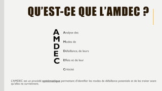 QU’EST-CE QUE L’AMDEC ?
Analyse des
Modes de
Défaillance, de leurs
Effets et de leur
Criticité
L’AMDEC est un procédé systématique permettant d’identifier les modes de défaillance potentiels et de les traiter avant
qu’elles ne surviennent.
A
M
D
E
C
 