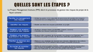 QUELLES SONT LES ÉTAPES ?
Le Project Management Institute (PMI) décrit le processus de gestion des risques de projet de la
façon suivante :
 