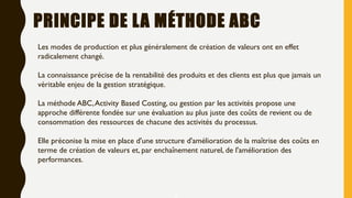 PRINCIPE DE LA MÉTHODE ABC
3
Les modes de production et plus généralement de création de valeurs ont en effet
radicalement changé.
La connaissance précise de la rentabilité des produits et des clients est plus que jamais un
véritable enjeu de la gestion stratégique.
La méthode ABC,Activity Based Costing, ou gestion par les activités propose une
approche différente fondée sur une évaluation au plus juste des coûts de revient ou de
consommation des ressources de chacune des activités du processus.
Elle préconise la mise en place d'une structure d'amélioration de la maîtrise des coûts en
terme de création de valeurs et, par enchaînement naturel, de l'amélioration des
performances.
 