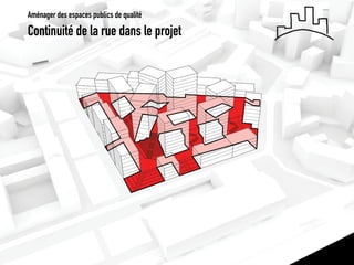 Continuité de la rue dans le projet 
Aménager des espaces publics de qualité  