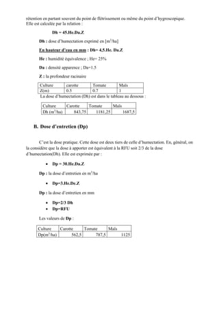 rétention en partant souvent du point de flétrissement ou même du point d’hygroscopique.
Elle est calculée par la relation :
Dh = 45.He.Da.Z
Dh : dose d’humectation exprimé en [m3
/ha]
En hauteur d’eau en mm : Dh= 4,5.He. Da.Z
He : humidité équivalence ; He= 25%
Da : densité apparence ; Da=1.5
Z : la profondeur racinaire
Culture carotte Tomate Maïs
Z(m) 0.5 0.7 1
La dose d’humectation (Dh) est dans le tableau au dessous :
Culture Carotte Tomate Maïs
Dh (m3
/ha) 843,75 1181,25 1687,5
B. Dose d’entretien (Dp)
C’est la dose pratique. Cette dose est deux tiers de celle d’humectation. En, général, on
la considère que la dose à apporter est équivalent à la RFU soit 2/3 de la dose
d’humectation(Dh). Elle est exprimée par :
 Dp = 30.He.Da.Z
Dp : la dose d’entretien en m3
/ha
 Dp=3.He.De.Z
Dp : la dose d’entretien en mm
 Dp=2/3 Dh
 Dp=RFU
Les valeurs de Dp :
Culture Carotte Tomate Maïs
Dp(m3
/ha) 562,5 787,5 1125
 