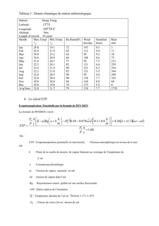 Tableau 1 : Donné climatique de station météorologique
Station : Stung Treng
Latitude:
0 '
13 31
Longitude:
0 '
105 58 E
Altitude: 56m
Length of record: 10 years
Month Max.Temp
0
c
Min.Temp.
0
c
Re.Humid% Wind
km/day
Sunshine
hours
Rain
mm
Jan
Feb
Mar
Apr
May
Jun
Jul
Aug
Sep
Oct
Nov
Dec
29.0
32.9
34.0
34.6
33.4
32.2
32.4
32.2
32.0
32.0
30.0
29.0
19.1
21.9
23.5
24.9
24.7
24.1
21.4
21.0
20.5
20.4
20.4
19.0
72
62
64
68
77
82
90
92
94
90
84
78
147
112
95
104
95
121
121
121
95
138
164
173
9.5
9.4
9.2
8.6
7.3
6.4
6.2
5.5
4.8
7.7
8.8
9.2
1
11
18
73
213
259
254
344
299
183
68
6
Avg/Sum 32.0 21.7 79 124 7.7 1729
 Le calcul ETP
Evapotranspiration Potentielle par la formule de PEN MEN
La formule de PENMEN s’écrit :
      
00.1
226.09.01.0079.056.01
0
40


























P
P
edeacUd
H
h
edT
H
h
baRg
P
P
ETP
k
Où :
ETP : Evapotranspiration potentielle en mm/mois𝑃0 : Pression atmosphérique au niveau de la mer
mb
∆ : Pente de la courbe de tension de vapeur Saturant au voisinage de Température de
L’air
γ : Constant psychométrique
ea : Tension de vapeur saturante en mb
ed : tension de vapeur dans l’air
Rg : Rayonnement solaire global sur une surface horizontale
h/H : Durée relative de l’insolation
𝑇𝑘
4
: Température absolue de l’air en 𝐾𝑒𝑙𝑣𝑖𝑛 =0
𝑡0
𝑐 + 273
𝑈2 : Vitesse du vent a 2m au –dessus du sol
 