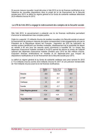 Si aucune mesure nouvelle n’avait été prise à l’été 2012 en loi de finances rectificative et en
l’absence de nouvelles dispositions dans le projet de loi de financement de la Sécurité
sociale pour 2013, le déficit du régime général et du fonds de solidarité vieillesse atteindrait
24,9 milliards d’euros fin 2013.



La LFR de l’été 2012 a engagé le redressement des comptes de la Sécurité sociale


Dès l’été 2012, le gouvernement a présenté une loi de finances rectificative permettant
d’amorcer le redressement des comptes publics.

Cette loi a apporté 1,5 milliards d’euros de recettes nouvelles à la Sécurité sociale et assuré
le financement de plusieurs mesures de justice correspondant à des engagements pris par le
Président de la République devant les Français : majoration de 25% de l’allocation de
rentrée scolaire bénéficiant aux familles modestes, rétablissement de la possibilité de départ
en retraite à 60 ans pour les assurés ayant commencé à travailler tôt. Le niveau des
dépenses d’assurance maladie constaté à mi-2012 permet de réduire le niveau de l’objectif
national des dépenses d'assurance maladie (Ondam) pour 2012 de 350 millions d’euros.
S’ajoutent diverses améliorations en recettes et en dépenses ainsi que l’impact de
dispositions rectificatives en loi de financement de la Sécurité sociale pour 2013.

Le déficit du régime général et du fonds de solidarité vieillesse sera ainsi ramené fin 2012
à 17,4 milliards d’euros (contre 20,9 milliards d’euros fin 2011 et une prévision tendancielle
de 19,9 milliards d’euros avant la loi de finances rectificative).




PLFSS 2013 – Engager le redressement des comptes de la sécurité sociale
                                                   4
 