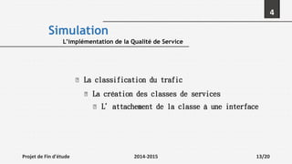 4
Simulation
L’implémentation de la Qualité de Service
La classification du trafic
La création des classes de services
L’attachement de la classe à une interface
Projet de Fin d'étude 2014-2015 13/20
 