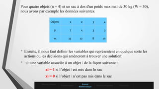 Pour quatre objets (n = 4) et un sac à dos d'un poids maximal de 30 kg (W = 30),
nous avons par exemple les données suivantes:
• Ensuite, il nous faut définir les variables qui représentent en quelque sorte les
actions ou les décisions qui amèneront à trouver une solution:
• xi: une variable associée à un objet i de la façon suivante :
xi = 1 si l’objet i est mis dans le sac
xi = 0 si l’objet i n’est pas mis dans le sac
Objets 1 2 3 4
pi 7 4 3 3
wi 13 12 8 10
Mise en contexte
Problématique
Enoncé
Mathématique
Solutions Proposées Conclusion
 