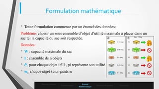 Formulation mathématique
• Toute formulation commence par un énoncé des données:
Problème: choisir un sous ensemble d’objet d’utilité maximale à placer dans un
sac tel la capacité du sac soit respectée.
Données:
• W : capacité maximale du sac
• I : ensemble de n objets
• Pi: pour chaque objet i € I , pi représente son utilité
• wi : chaque objet i a un poids w
Mise en contexte
Problématique
Enoncé
Mathématique
Solutions Proposées Conclusion
 