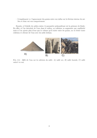 – L’empilement i.e. l’agencement des grains entre eux inﬂue sur la friction interne du mi-
     lieu et donc sur son comportement.

   Ensuite, ` l’´chelle du milieu entier, le param´tre pr´pond´rant est la pr´sence de ﬂuide.
             a e                                  e      e    e               e
En eﬀet, si l’on introduit de l’eau dans le milieu, sa coh´sion va augmenter par capillarit´
                                                           e                                 e
mais si l’on ajoute plus d’eau que le volume qu’il existe entre les grains, on va briser toute
coh´sion et obtenir de l’eau avec du sable dedans.
   e




Fig. 2.4 – Eﬀet de l’eau sur la coh´sion du sable : A) sable sec, B) sable humide, C) sable
                                   e
satur´ en eau.
     e




                                              8
 